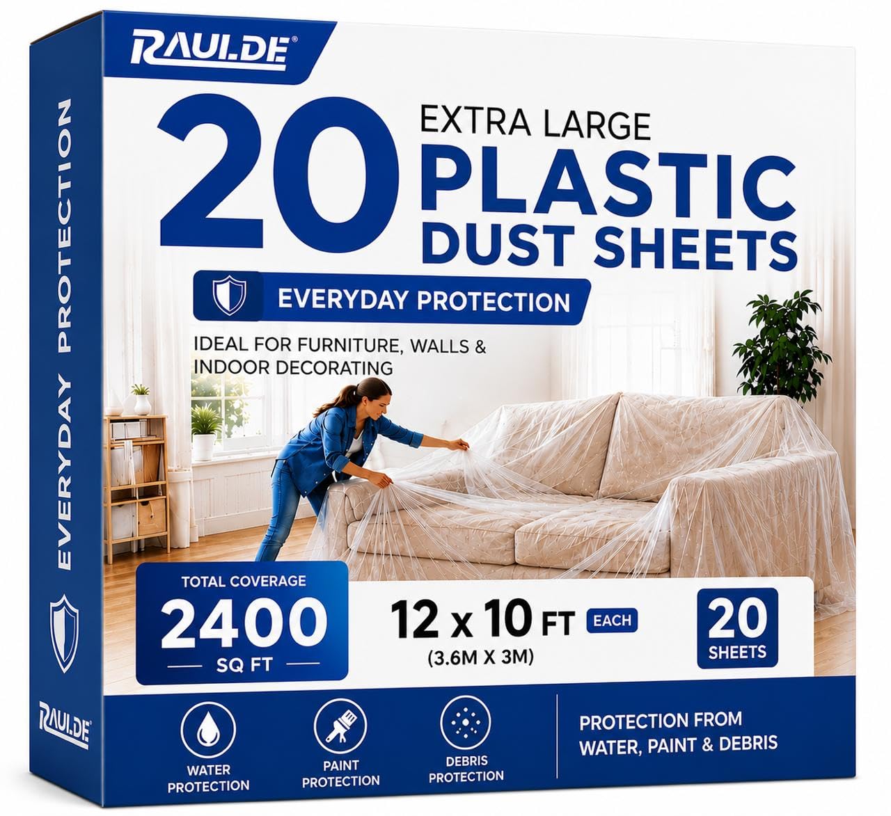 Raulde Everyday - 20 Pack 20 Pack Extra Large Plastic Dust Sheets For Decorating 3.6 X 3M (12 X 10Ft), Light Dust Sheet For Painting & Furniture - Plastic Sheet - Plastic Sheeting - Decorating Sheets - Dust Cover