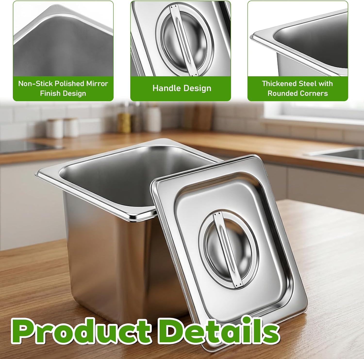 8 Pack Stainless Steel Hotel Pans, 1/6 Size Hotel Steam Table Pan 6 Inch Deep With Lids, Stainless Steel Restaurant Food Prep Tray Buffet Container for Catering Commercial Kitchen Use, 7''L x 6.5''W - Image 3