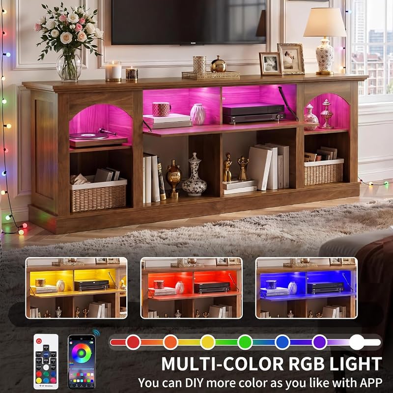 YITAHOME Farmhouse TV Stand with LED Lights for Living Room, Walnut image 4