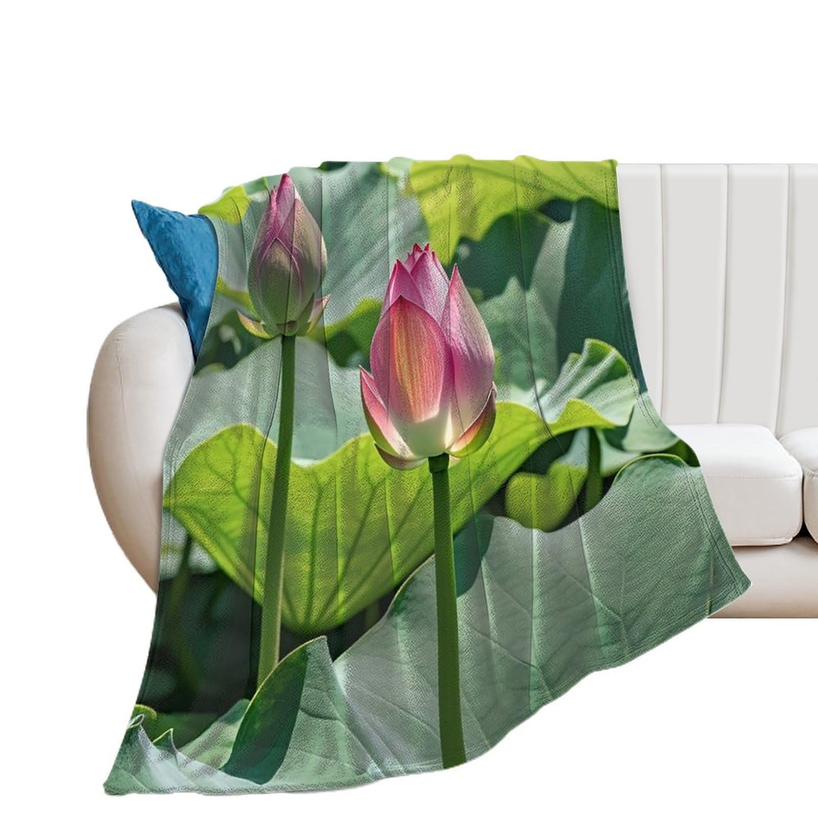 Couverture microfibre pelucheuse et chaude motif fleurs de lotus