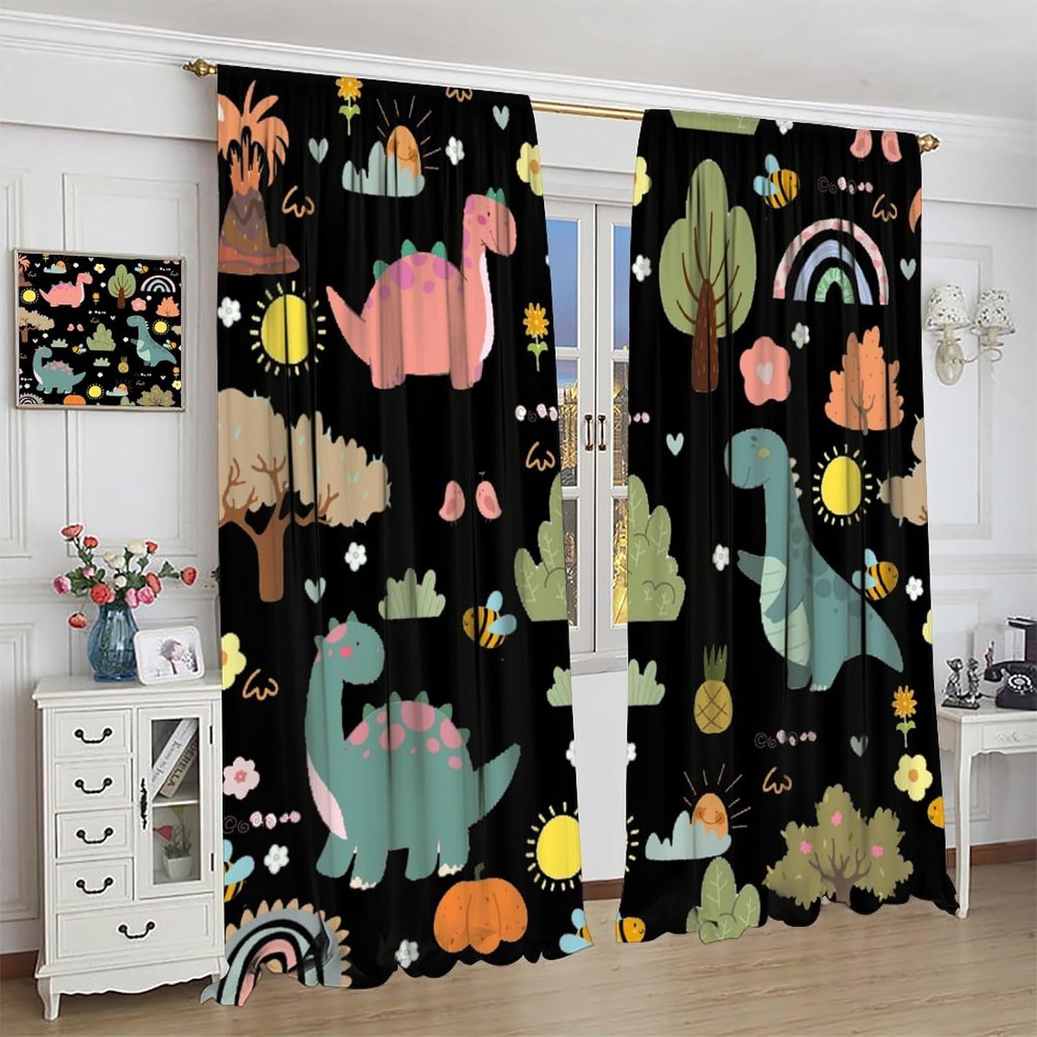 Cartoon Dinosaur Blackout Curtains for Kids,Cute Dino Printed Window Treatments for Boys Girls Nursery Bedroom Living Room Décor,2 Panels Set,Total Size 84 x 84 Inch