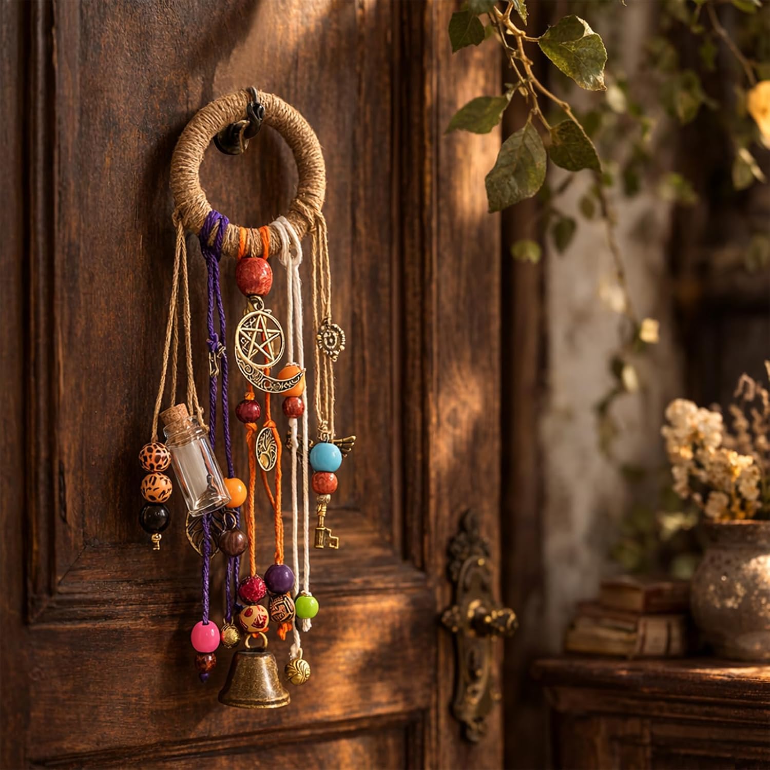 Witch Bells for Door Knob Protection – Handmade Rustic Witchcraft Wind Chimes Door Hanger Wreath, Wicca Altar Bell for Home Blessing & Negative Energy Protection, Witchy Decor Gift