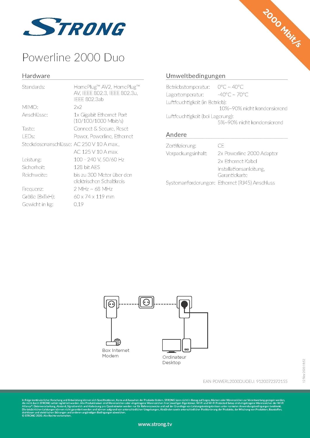 STRONG Powerline 2000 Kit Network Adapter (up to 2000 Mbit Duo/S, Integrated Socket, Fast Ethernet LAN, Powerlan) White POWERL2000DUOEU