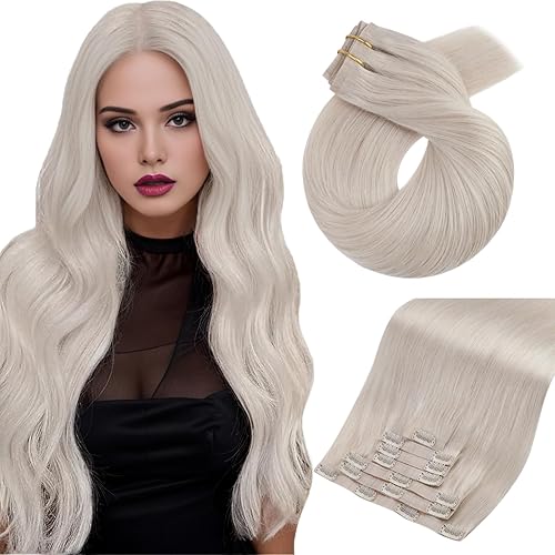 Moresoo Extensiones de cabello humano con clip, de 16 pulgadas, sin costuras, de trama sintética, color rubio blanco, sin costuras, para cabeza Moresoo Extensiones de cabello humano con clip, de 16 pulgadas, sin costuras, de trama sintética, color rubio blanco, sin costuras, para cabeza