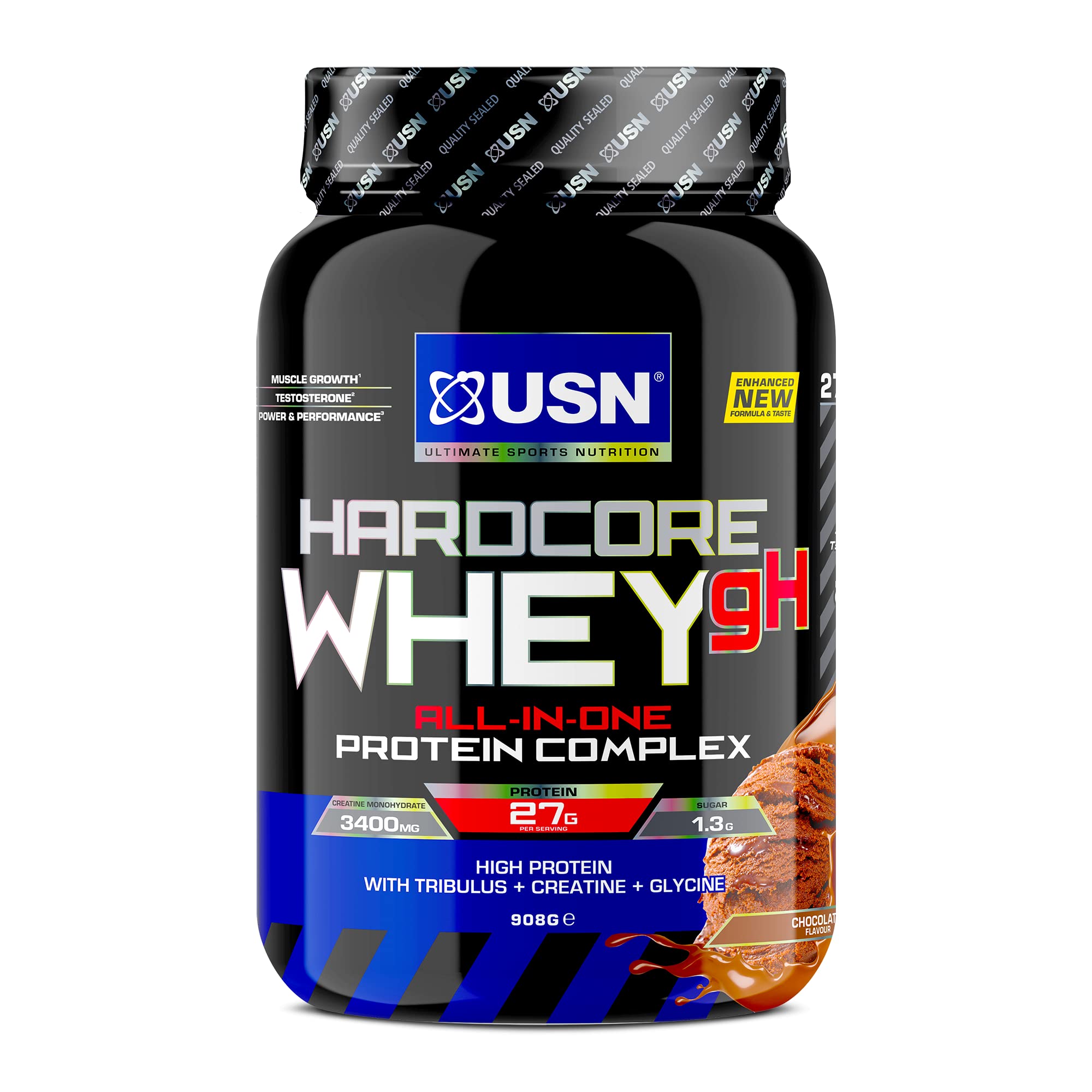 USN Hardcore Whey Protein Powder Chocolate 908 g: All-in-One Protein With Creatine Monohydrate, Glycine and Tribulus for Performance Workouts & Lean Muscle Growth