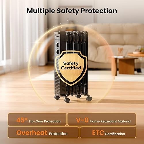 Miniatura 4 de Calentador de radiador eléctrico portátil, calentadores llenos de aceite espacial con 3 ajustes de calor, termostato ajustable, protección contra