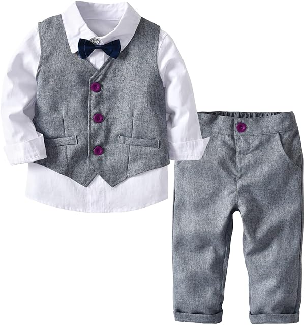 ROSEBEAR Boys Gentlmen Outfits Toddler Tuxedo Suit Set T-Shirts Pants Bowtie Suspender Clothes 1-7 Years