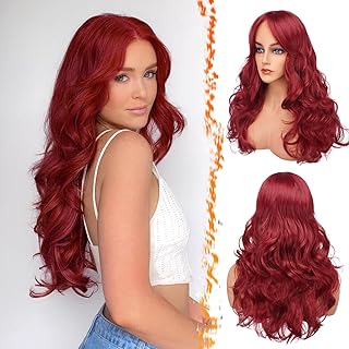 BARSDAR Long Red Wig with Curtain Bangs - 26 Inch Long Wavy Layered Red Wig for Women - Synthetic Ariel Wigs Butterfly Haircut Curtain Bangs Soft Natural Looking Daily Party Halloween - Red