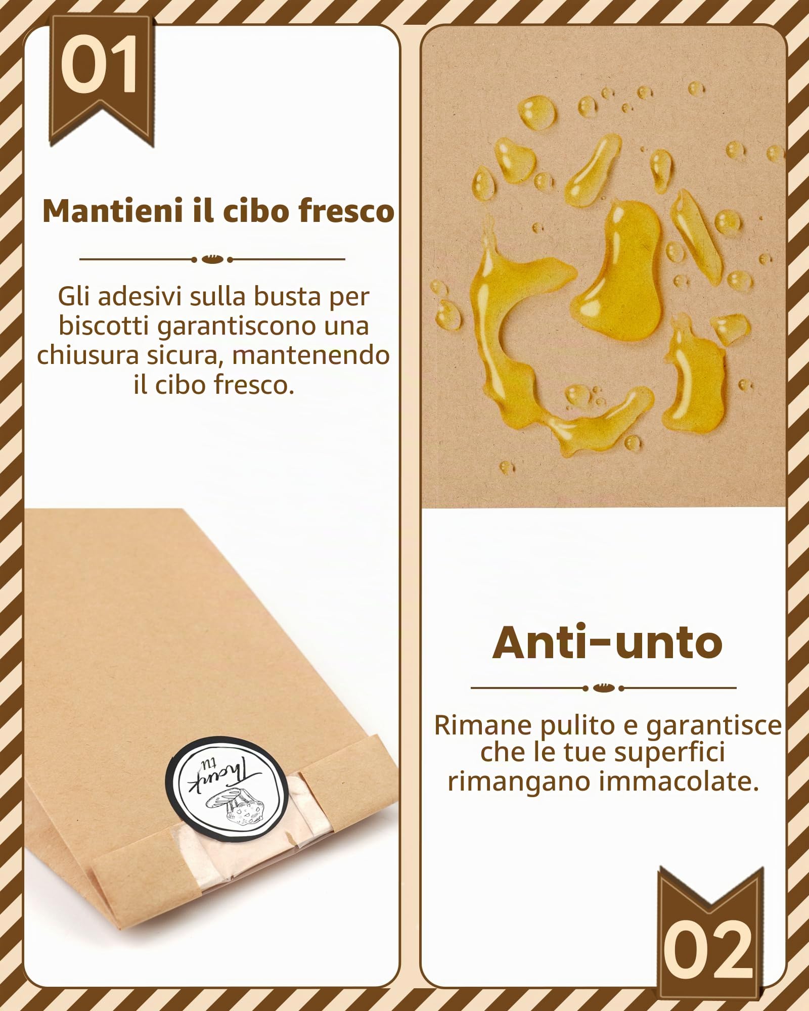 Sacchetti di Carta per Alimenti 50 Pezzi con Sigillo e Finestra, Kraft per Pane Dolci Torte, 8,89 x 5,85 x 19,05 cm