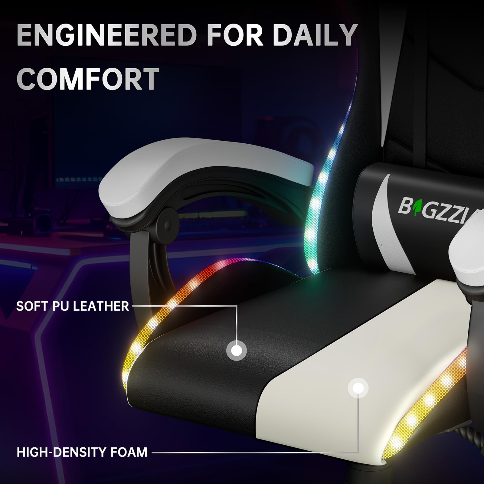 Silla de juegos con luces LED, silla reclinable ergonómica con luces RGB, reposacabezas ajustable y soporte lumbar, silla de oficina de piel sintética para computadora, altura e inclinación