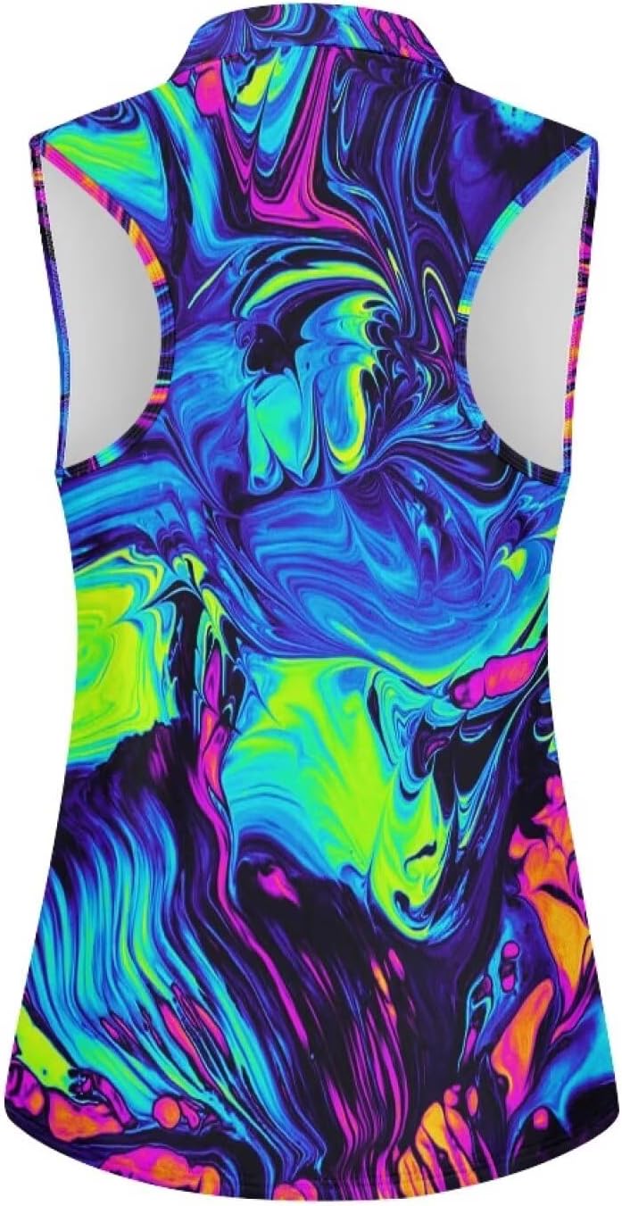 Irisjudy Golf Ball Print Sleeveless Golf Polo Shirt Women Gothic Rose Half Zip Athletic Shirts Tropical Plant Golf Polo Tops