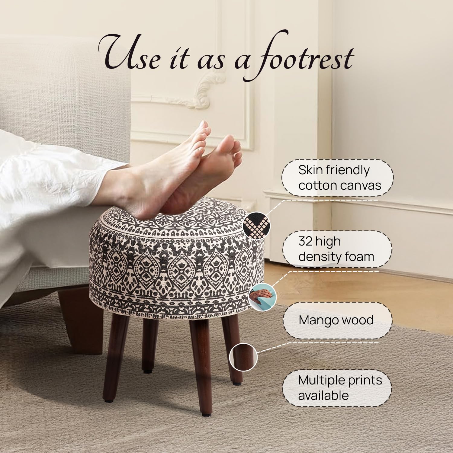 nestroots Set of 2 Wooden Ottoman Stools for Living Room | Printed Pouffes for Sitting, Foot Rest with 4 Wooden Legs | 17 Inch Height, Grey | Stylish & Comfortable Furniture for Home Décor 3
