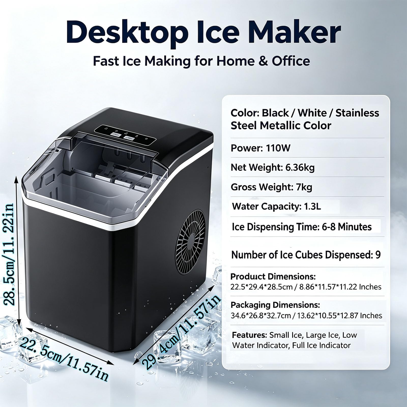 Máquina para Hacer Cubitos de Hielo | 15Kg/24H, 9 Cubitos de Hielo en 6 Min,1.3L,Maquina de Hacer Hielo Autolimpiable,con aAsa,Pala,para el Hogar Fiesta Cocina Bar