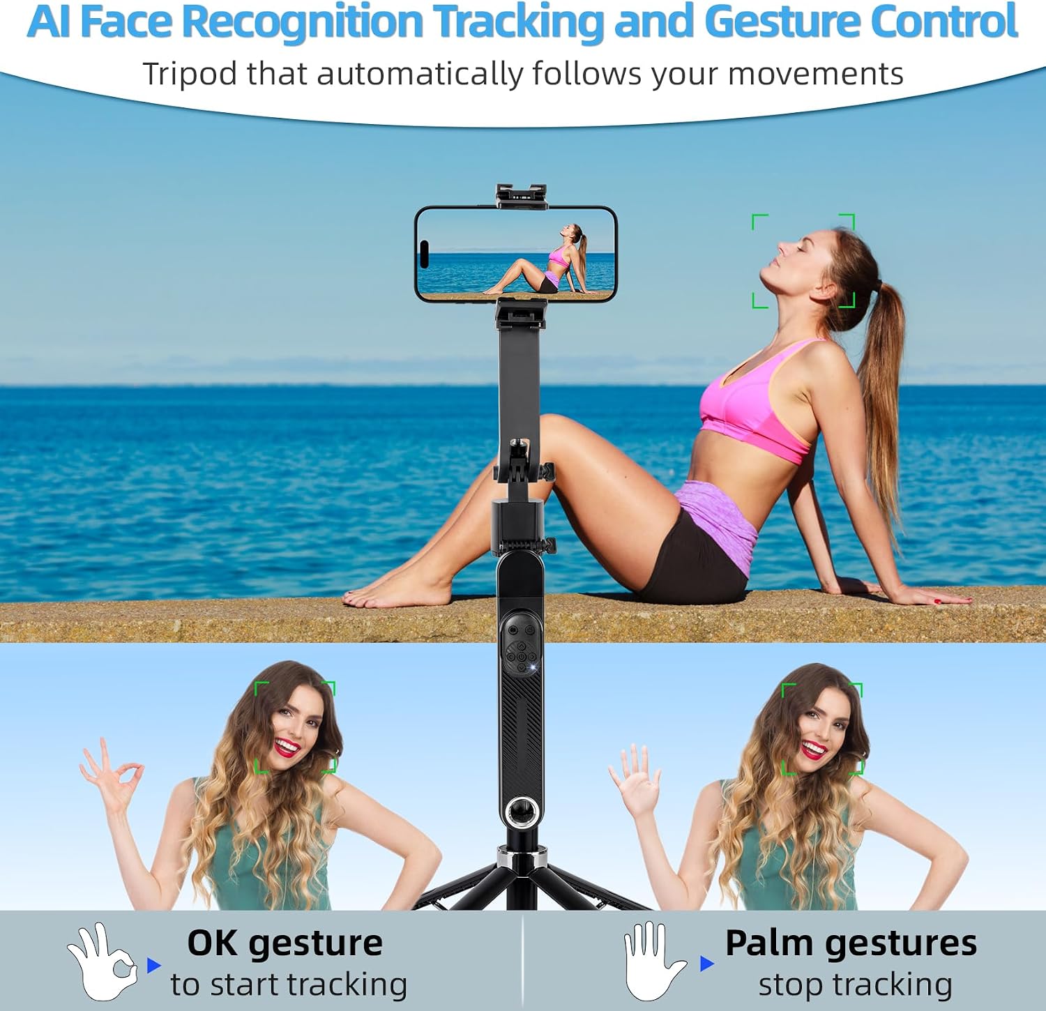 360° Auto Face Tracking Tripod, 70" Facial Recognition Tripod with Gesture Control, Selfie Stick with Multi-Color Temperature Fill Light, Live Broadcast/Video Conferencing/Vlog Artifact