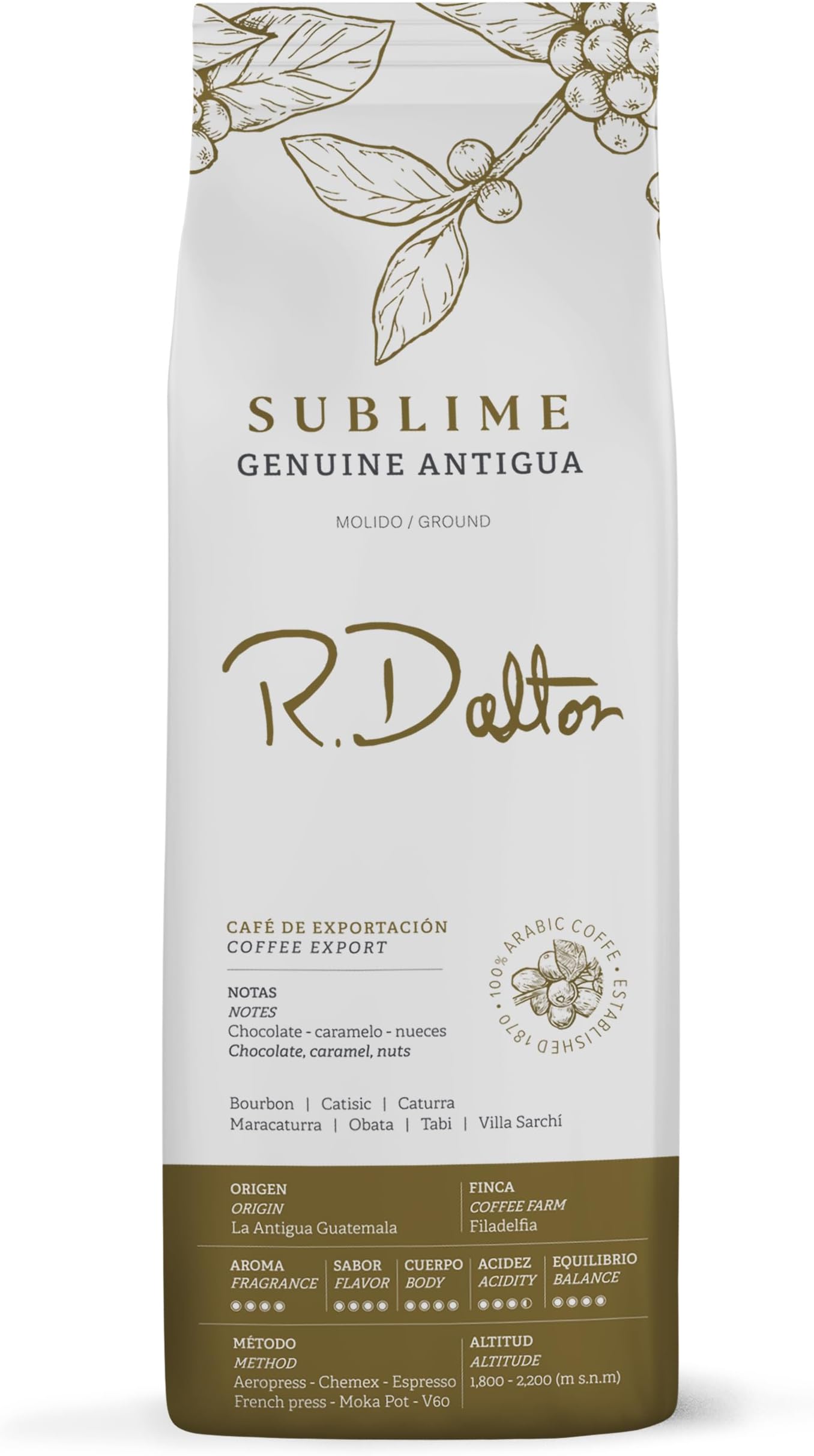 R. Dalton Coffee Sublime Genuine Antigua Ground Coffee - Medium Roast - Exotic Chocolaty And Caramel Notes - All Brewing Methods - Premium Quality – From Antigua Guatemala – 100% Arabica - 12 oz