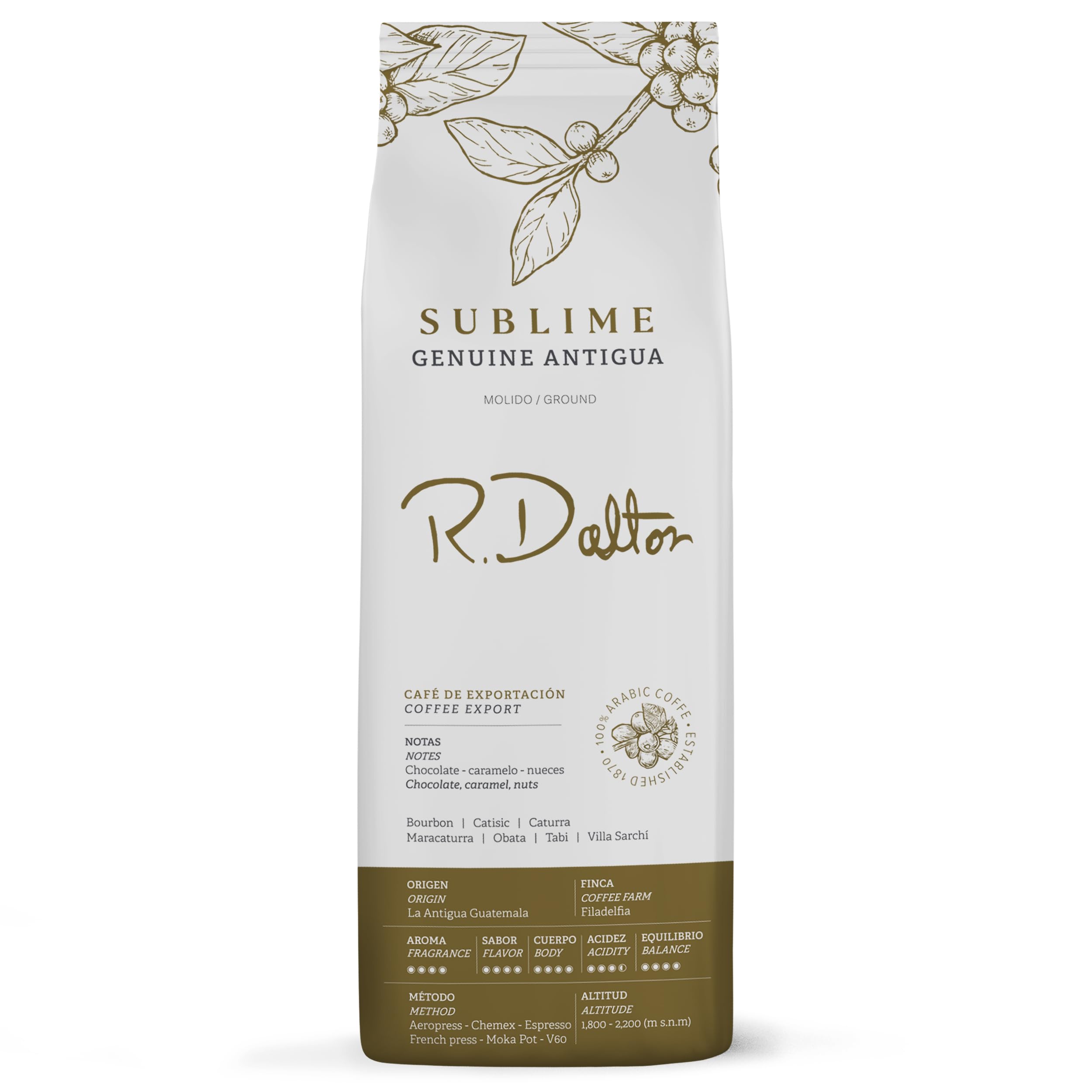 R. Dalton Coffee Sublime Genuine Antigua Ground Coffee - Medium Roast - Exotic Chocolaty And Caramel Notes - All Brewing Methods - Premium Quality – From Antigua Guatemala – 100% Arabica - 12 oz