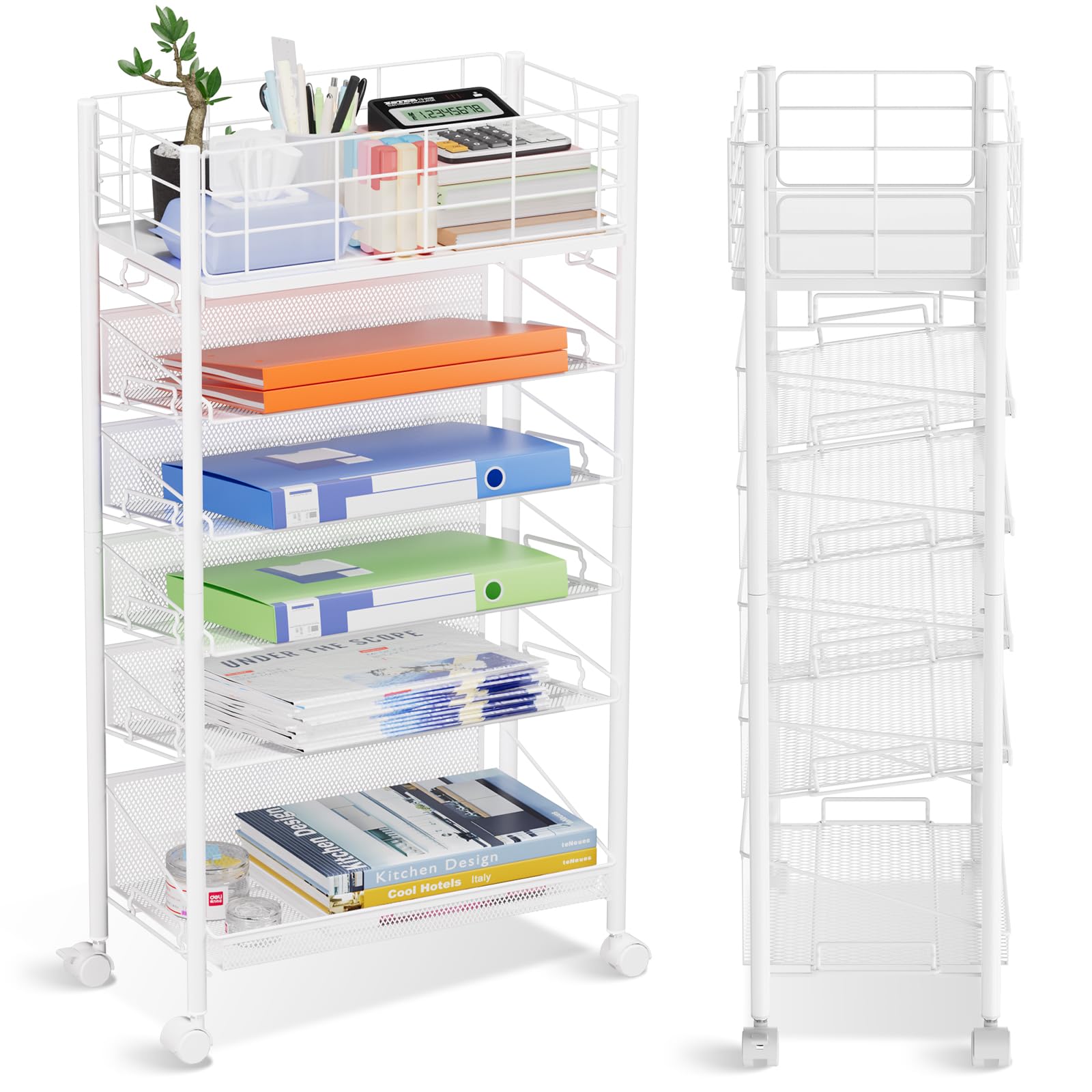 Rollende bestandskar met wielen, 5/6 Tier metalen organizer, mobiele