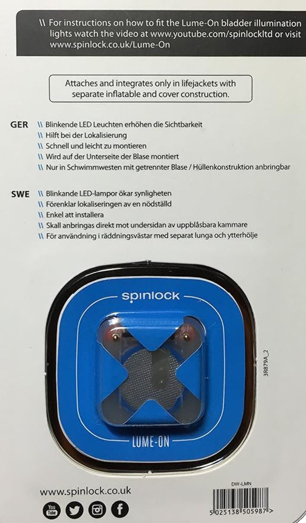 Spinlock Lume-On Blasenleuchte x 2 - wasserdicht sprühfest - 2er-Pack - Used zusätzlich zu zugelassenen Rettungswestenleuchten verwendet