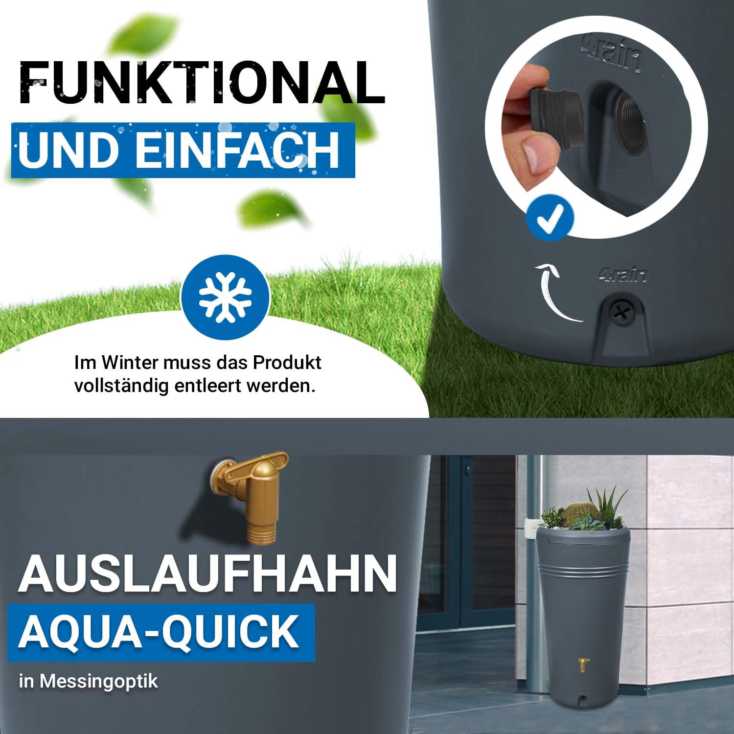 4rain Azura Regentonne Set 230 Liter Graphitgrau Wandtank Wassertank | mit Kunststoff-Hahn + Fallrohranschluss Regenfass Regenwassertonne Wassertonne für Garten Wasserfass Grau