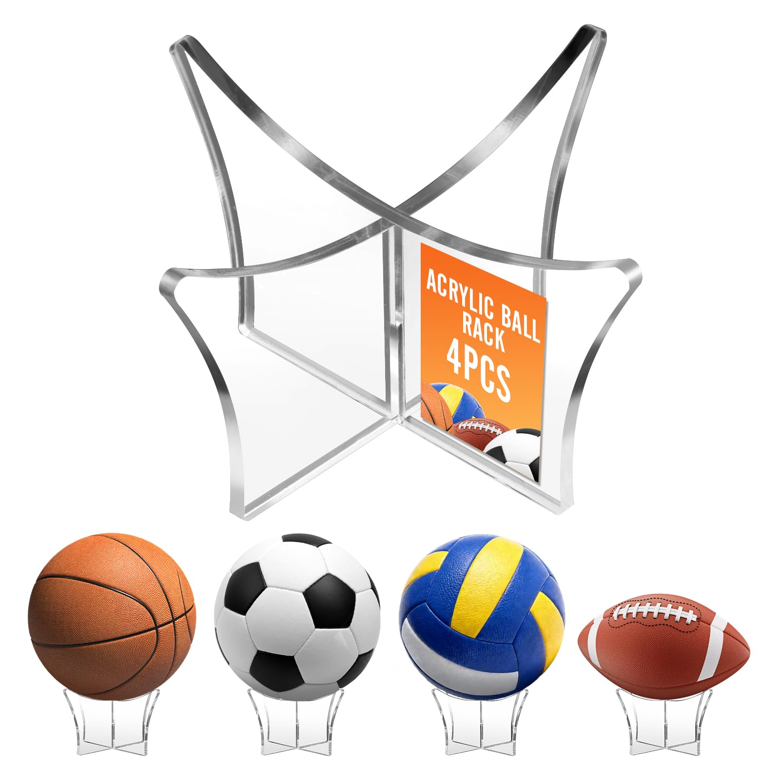 JSMTKJ 4 Pièces Support de Balle en Acrylique, Support de Football, Présentoir Multifonctionnel pour Basketball Volleyball Football Ballon Rugby Ball
