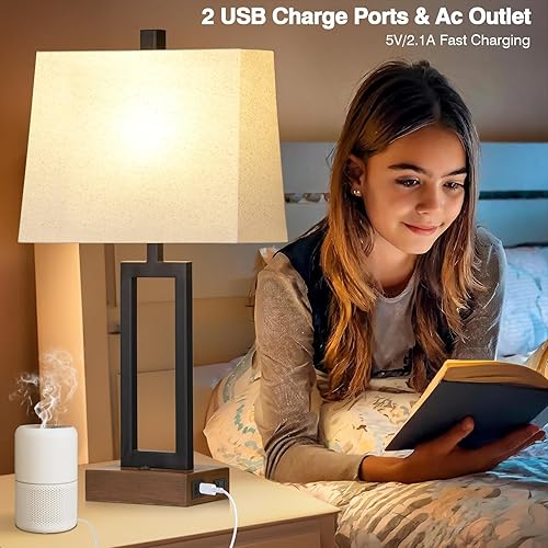 Miniatura 2 de Lámpara de mesa para dormitorio, juego de 2 con 2 puertos USB y toma de corriente alterna, lámpara de noche moderna de 23.5 pulgadas, lámpara