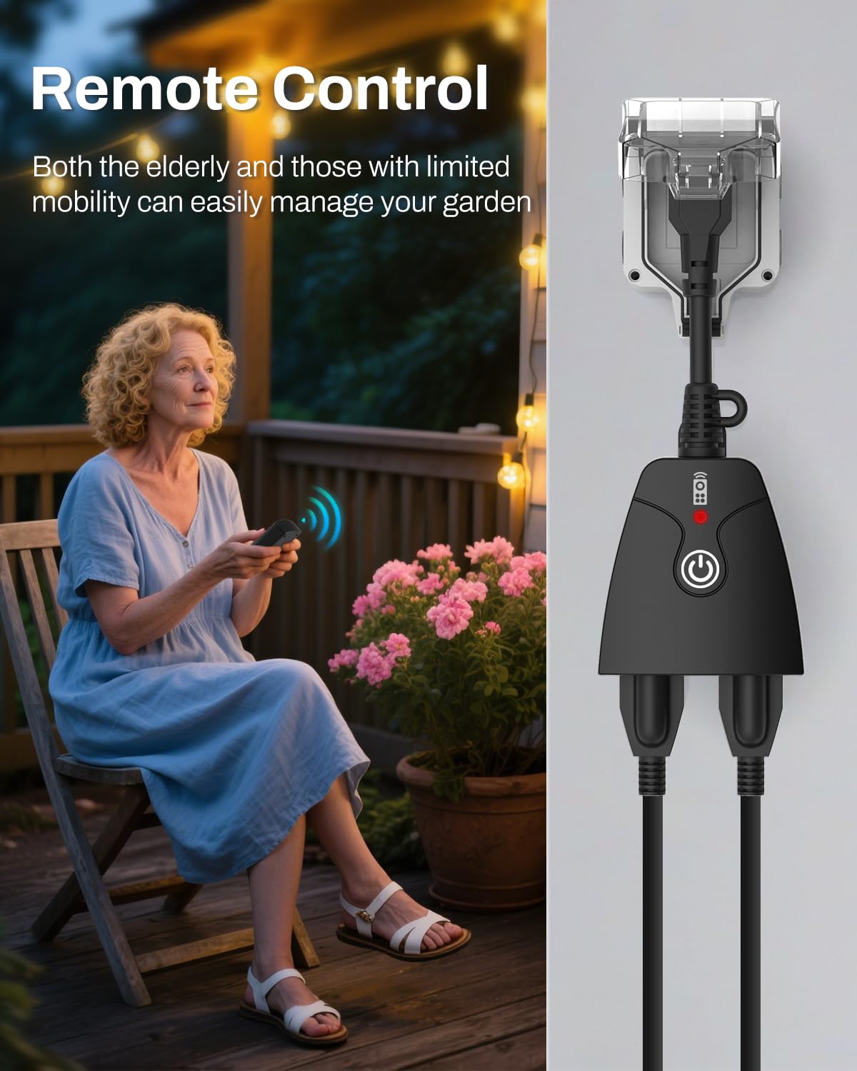 Woman relaxing on a patio, using the remote control for an HBN outdoor outlet