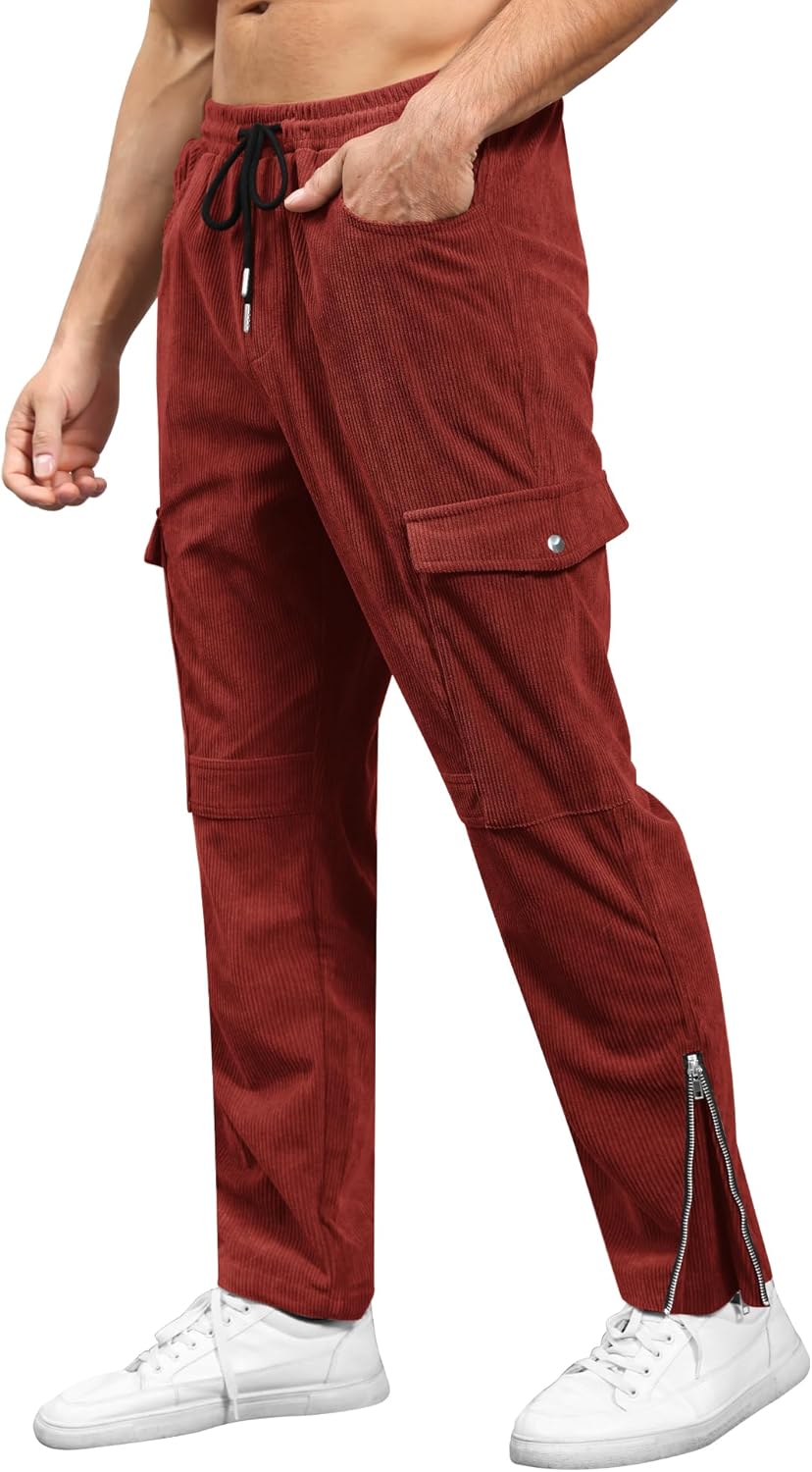 LecGee Men's Corduroy Pants Elastic Waist Drawstring Cargo Pants Fashion Loose Casual Long Trousers Hip Pop Streetwear