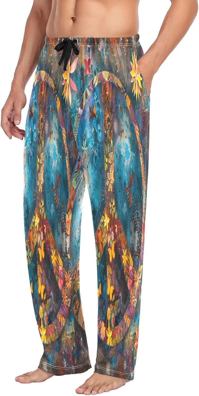 ALAZA Colorful Peace Sign Flower Men's Pajama Pants Men Cotton Pajama Bottoms with Pockets, S