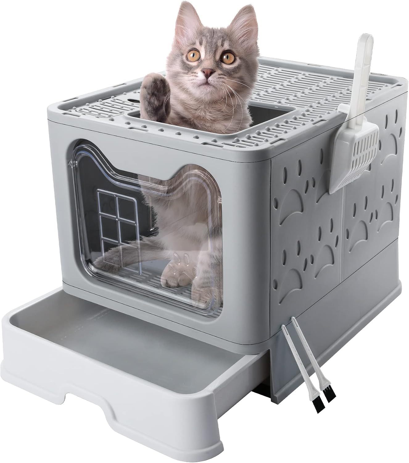 Large cat Litter Box, Foldable Top Entry Anti-Splashing Litter Box with Lid, Enclosed No Smell Easy to Clean Pet Cat Litter Pan with…