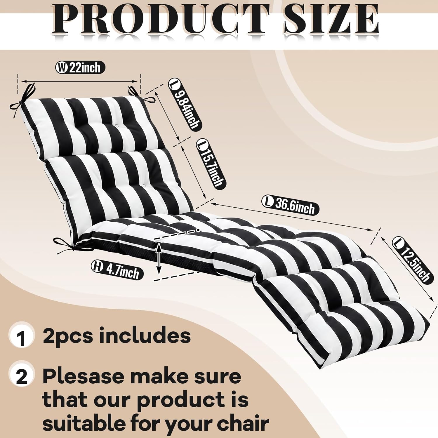 Kigley 2 Pcs Chaise Lounge Cushions 75 x 22 x 5 Inches Black White Stripes Soft Lounge Chair Cushion Spring Summer Seasonal Replacement for Outdoor Indoor Home Office