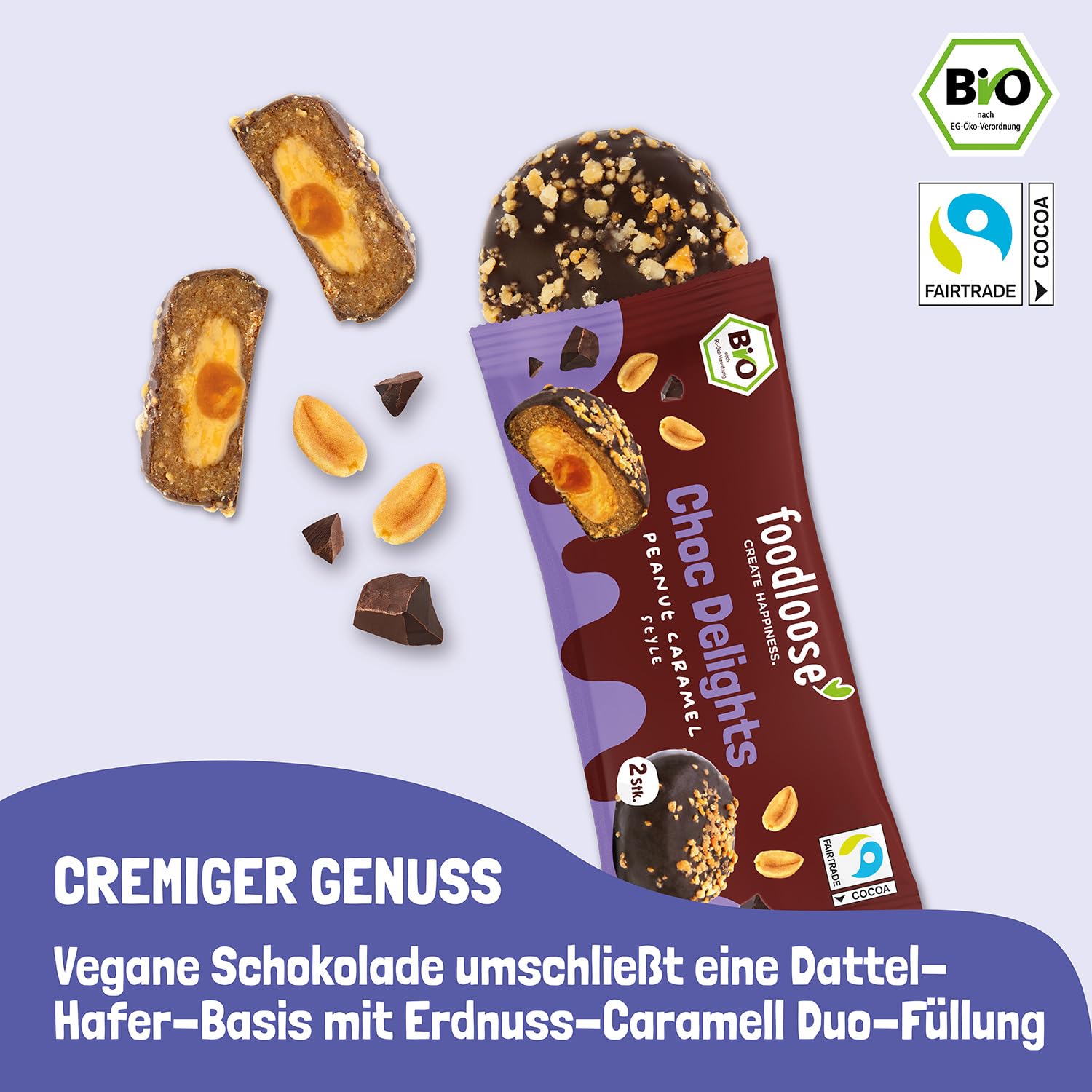 foodloose Choc Delights Peanut Caramel | Gefüllter Dattelsnack mit Erdnussmus Umhüllt von Dunkler Schokolade | Bio, Vegan, Glutenfrei & ohne Künstliche Zusätze | Vorteilspack (12 x 20g)