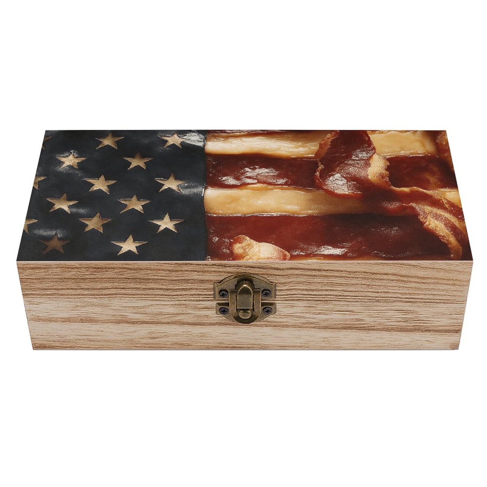 SMAZDFXX Fun American Bacon Flag Wooden Storage Box Multipurpose Decorative Box for Jewelry Photo Home Decor
