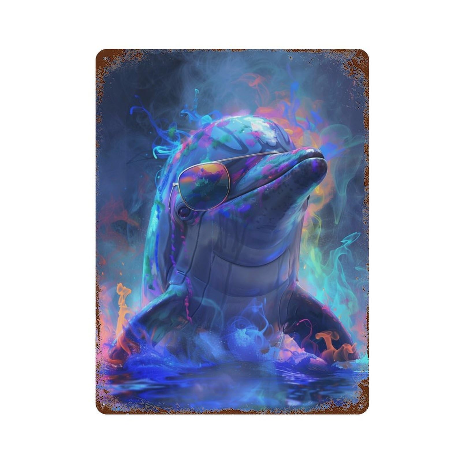 Distressed Metal Wall Sign Dolphin In Colorful Paint 15.7"x11.8", Vintage Wall Decor for Garage, Bar And Workshop Decor