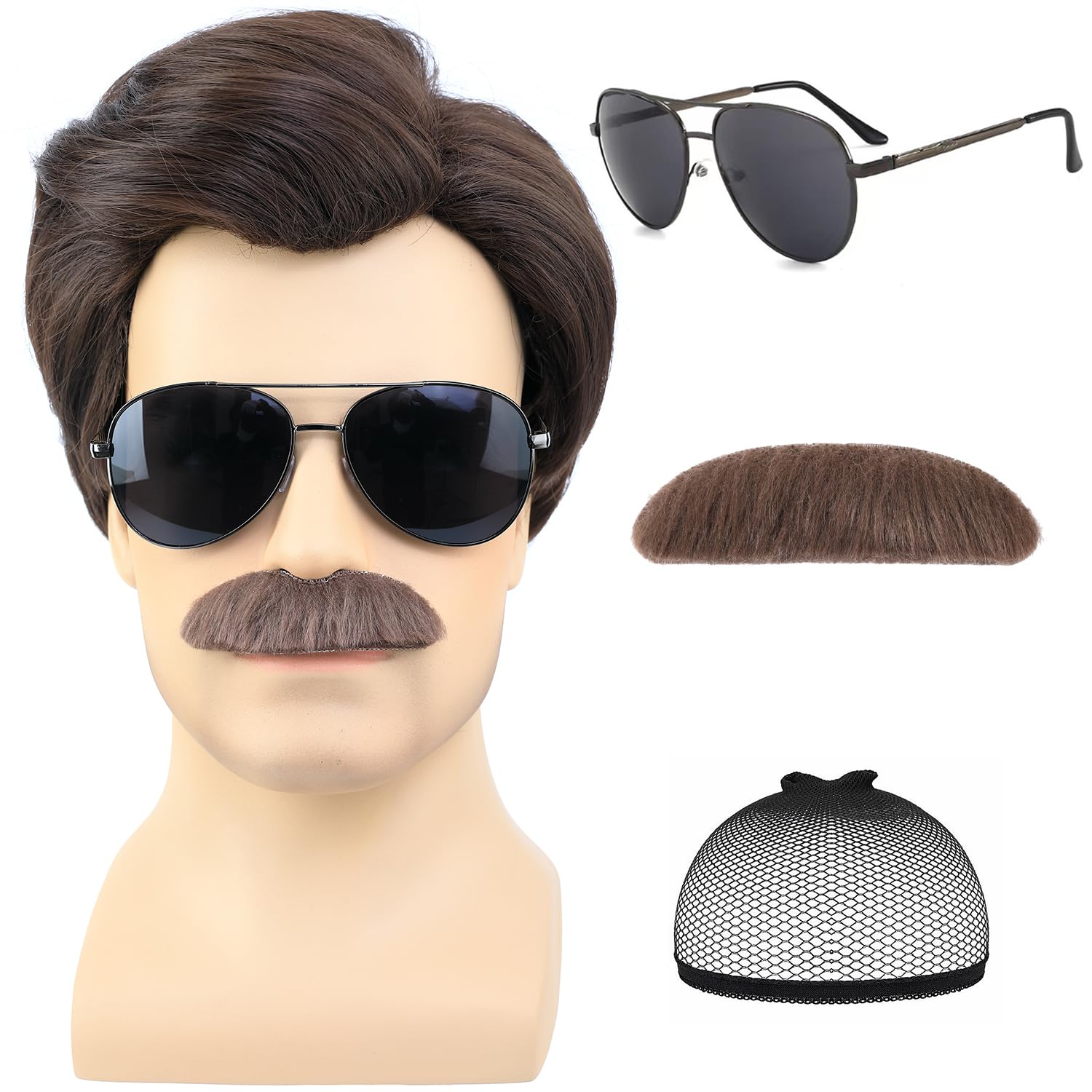 AMZCOS Short Brown Men Wig with Msutache and Sunglasses for 70s 80s Costume Cosplay Halloween Party