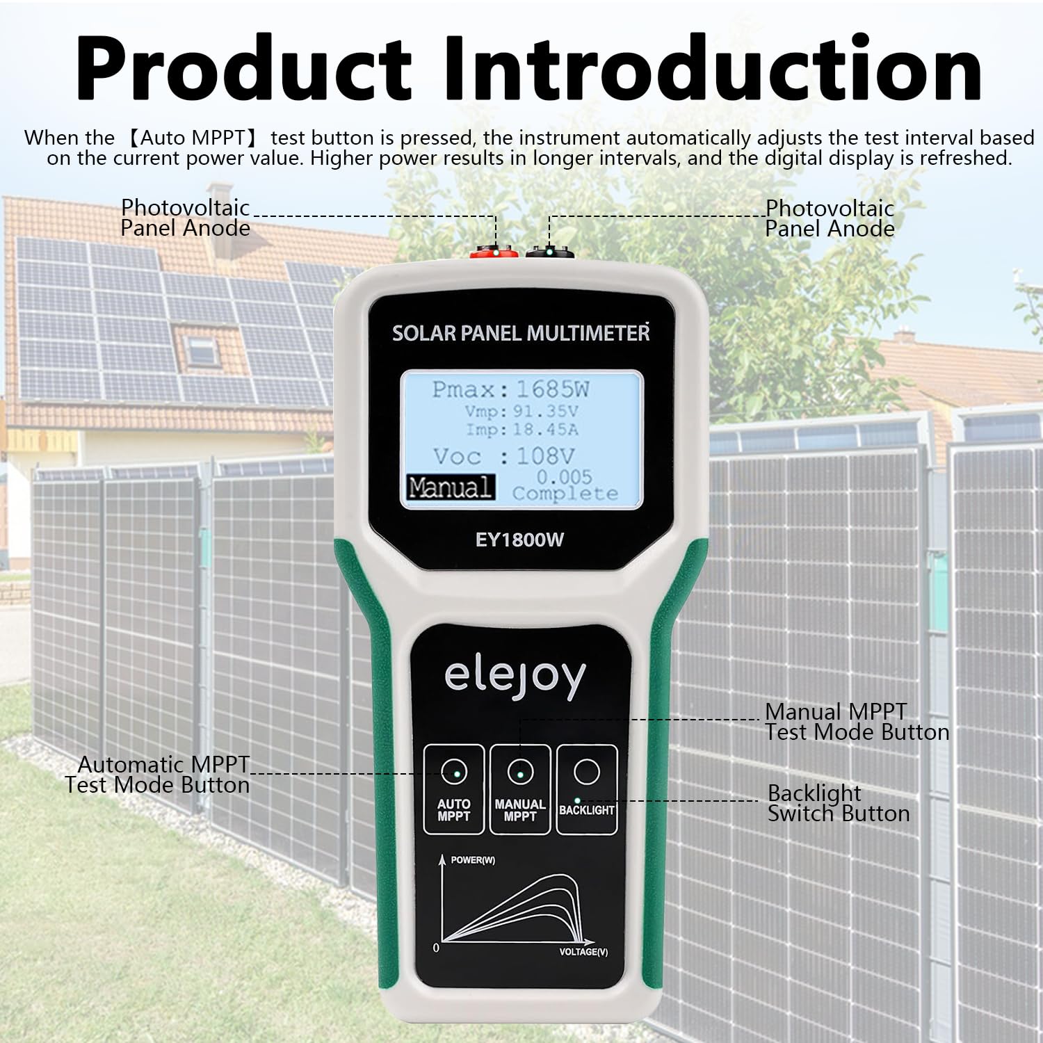 Pannello solare MPPT, 1800 W, pannello fotovoltaico, multimetro con display LCD, tensione a vuoto intelligente e test dei dati per test solari PV, non superiore a DC 20-120 V, 60 A