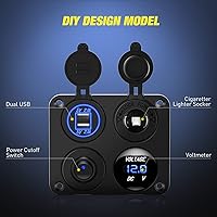 Vista 2 de Nilight Panel de enchufe de cargador de encendido y apagado 4 en 1, cargador USB dual, toma de corriente, voltímetro LED, encendedor de cigarrillos