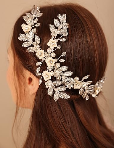 Xerling Peine de pelo de flores y hojas de boda vintage para novias, joyería de pedazos de perlas de diamantes de imitación (plata)