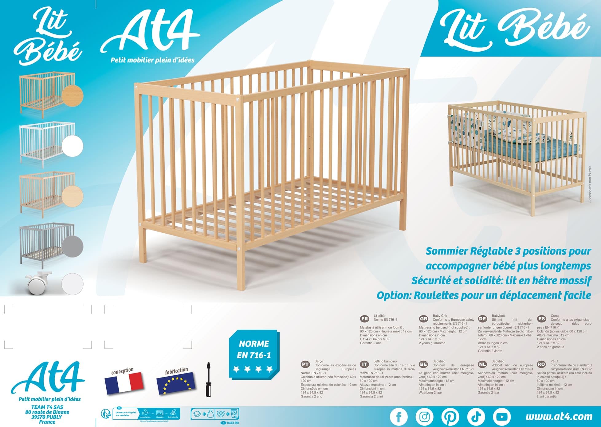 AT4 - Babybett Essentiel Buche roh – Lattenrost verstellbar in 3 Höhen