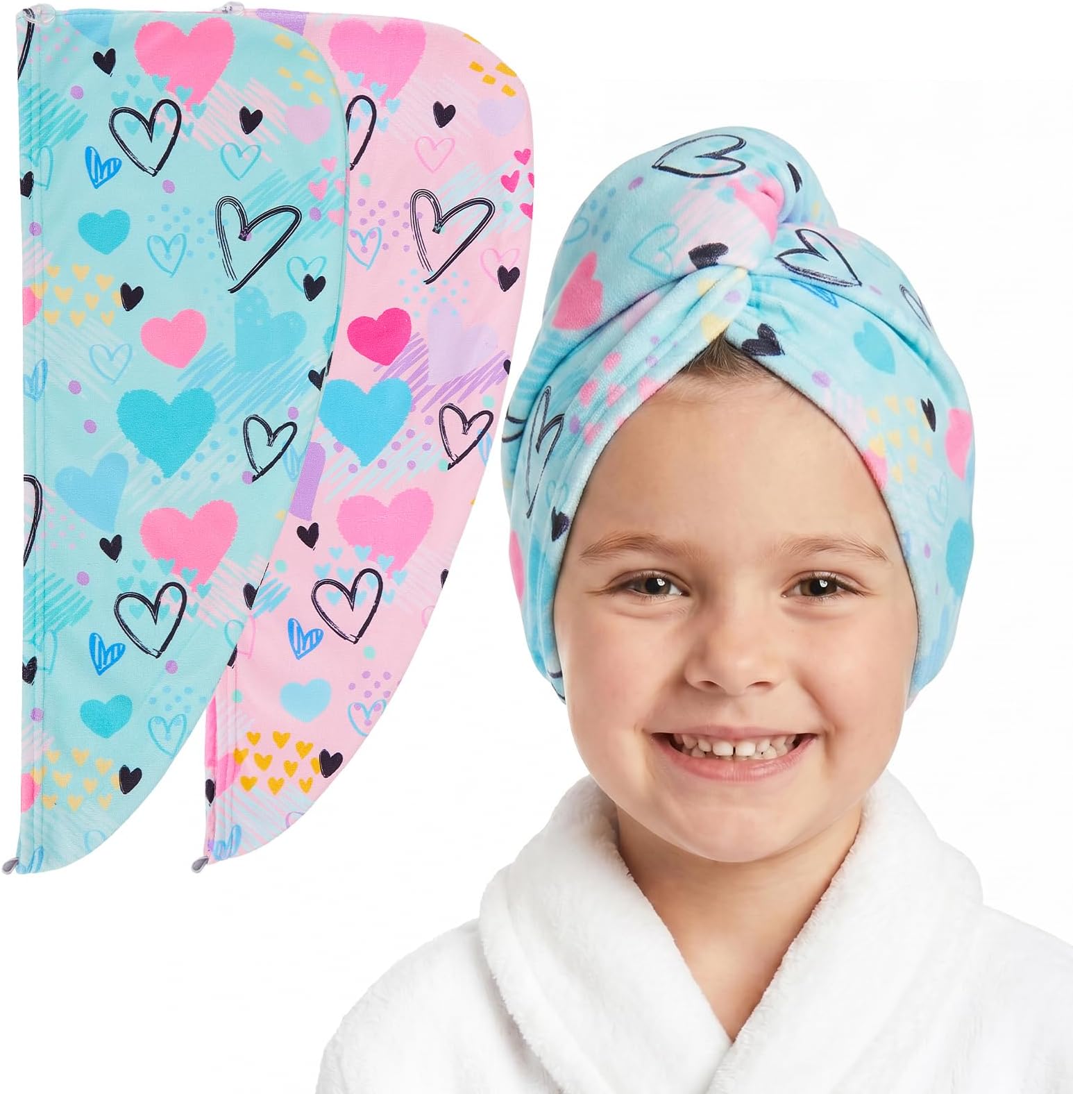 Basumee Microfiber Hair Towel Wrap for Kids Girls, Ultra Absorbent, 2 Pack | Rapid Drying, Frizz-Free Hair Turban for Wet Hair, Button Loop, Easy Wear, Baths, Swim, Travel, Girls Women, Curly, Straight