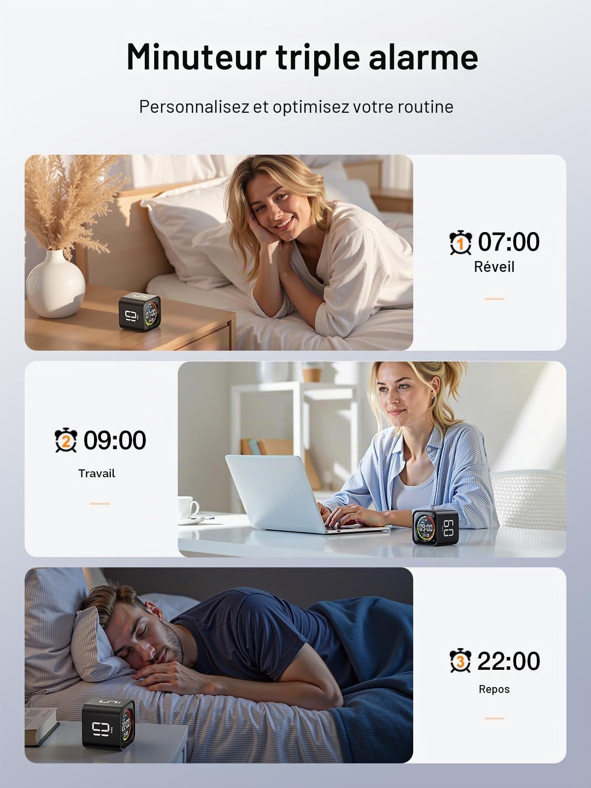 Ticktime TK3 Minuteur Pomodoro Cube, Préréglages 5/10/30/60 Min, Compte à Rebours Personnalisé, Chronomètre & Horloge, 3 Alarmes, Silencieux/Vibration/Son, Rechargeable pour TDAH Etude Travail, Noir