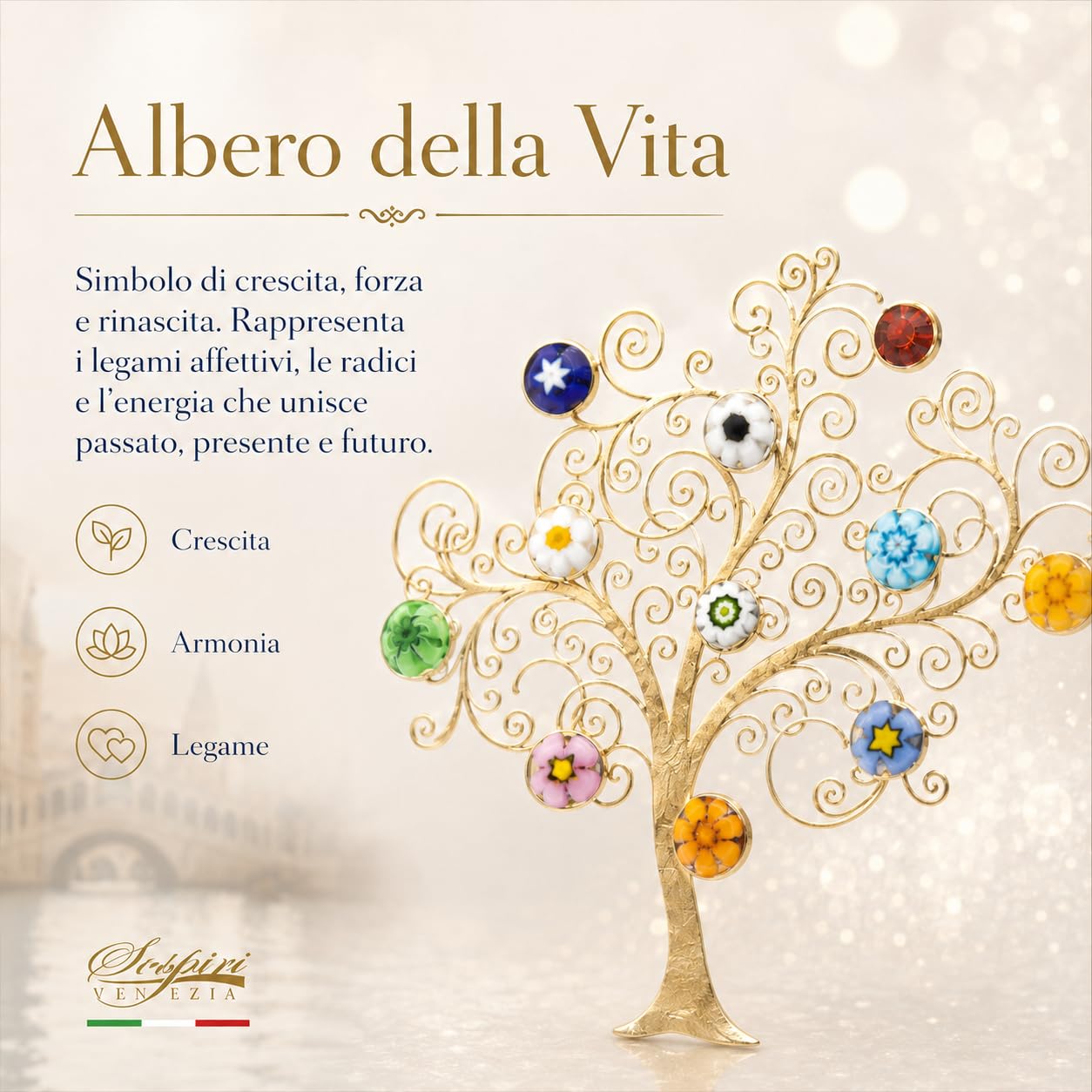 Sospiri Venezia Portafoto Vetro Murano Cornice a Cuore Decorazione Albero della Vita con Murrine Supporto da Scrivania o Tavolo Foto 7x10 cm Idea Regalo Made Italy (19x19 cm)