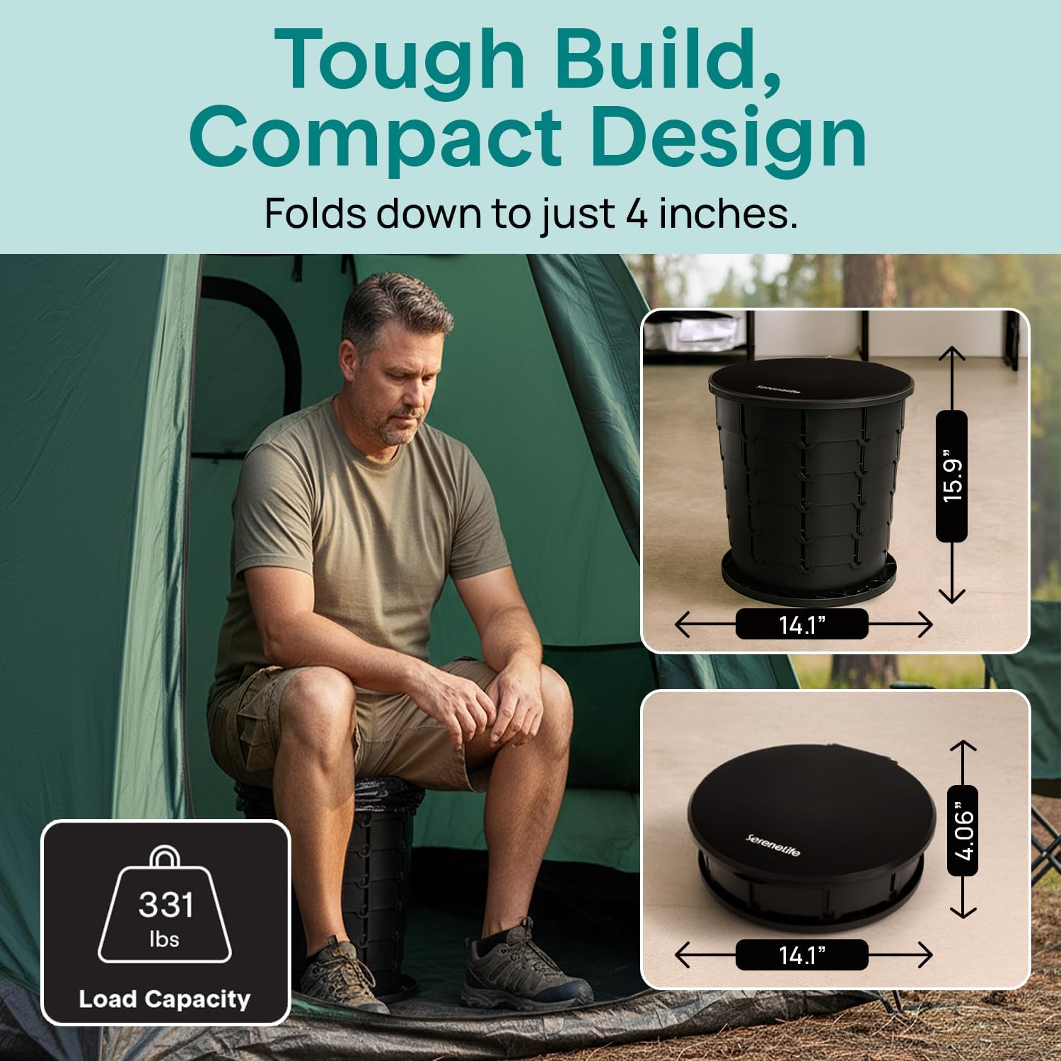 SereneLife Foldable Toilet Seat for Camping, Adjustable Height Portable Travel Potty with Lid, Carry Bag, Non-Slip Base, 331 lbs Capacity + 3-Pack Flushable Wipes, for Car, Hiking, Outdoor Use, Black