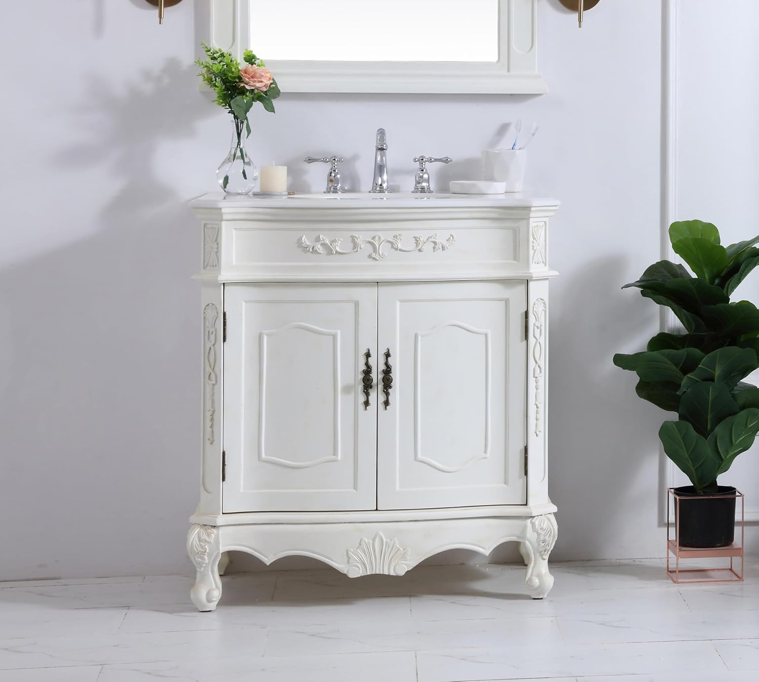 32 Single Bathroom Vanity, with Engineered Marble Top Soft-Close, Antique White