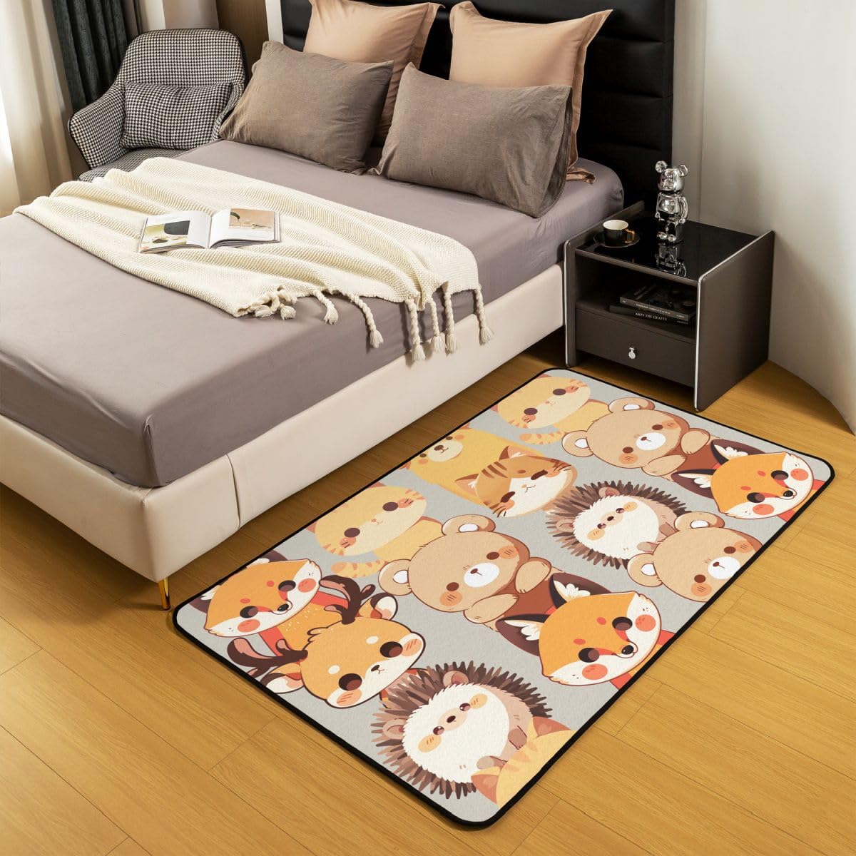 Kawaiis dywan do salonu, ze zwierzętami, 150 x 200 cm, motyw kota, lis, niedźwiedź, jeleń, jeż, do sypialni, dywan dla chłopców i dziewczynek, z kreskówki, dzikie zwierzęta, mata podłogowa