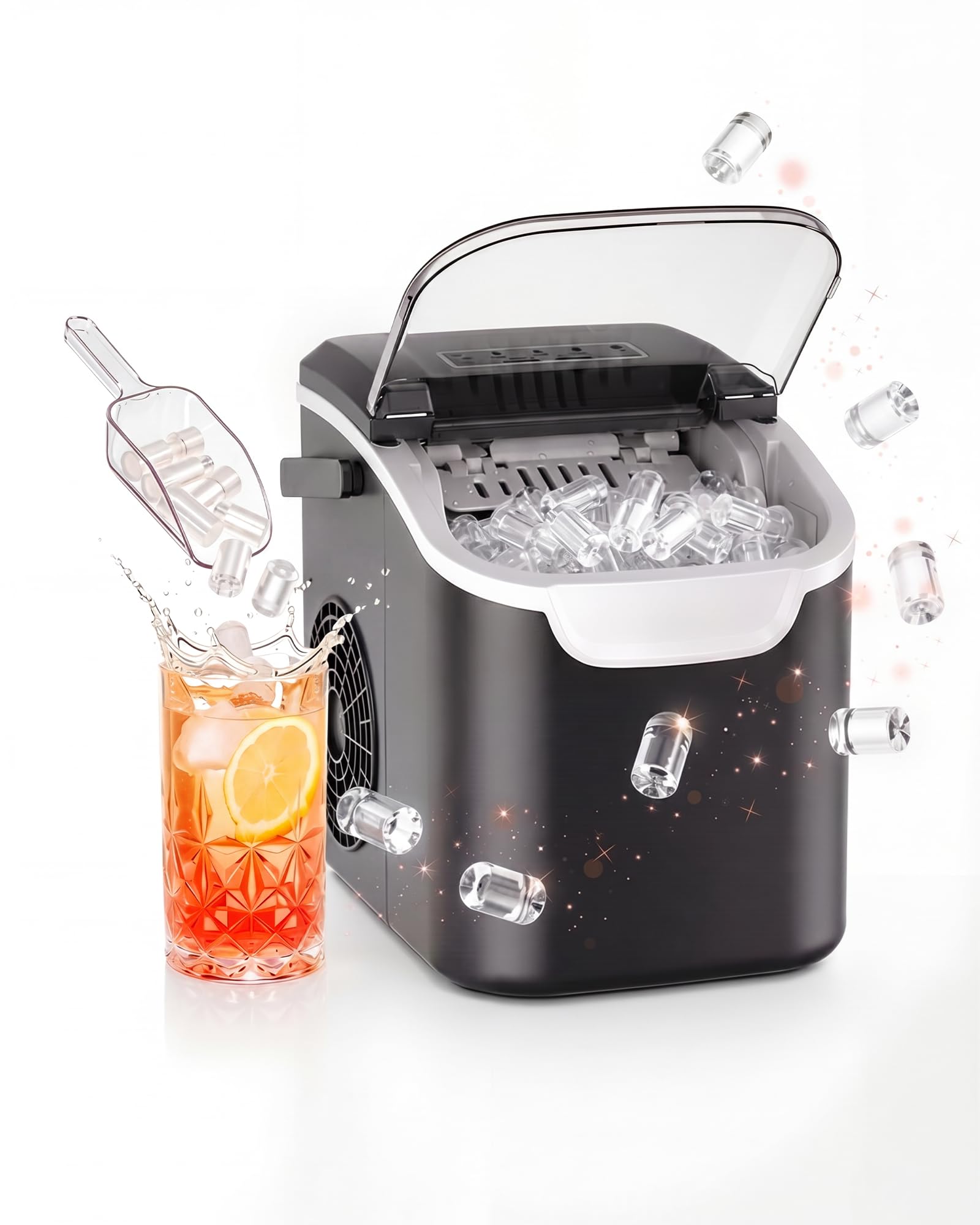 Kismile Eiswürfelmaschine, Eis in 6 Min, 11,8 kg 24 Stunden, Zwei Eisgrößen, mit Tragegriff, Ein-Knopf-Selbstreinigung & flüsterleiser Betrieb, inklusive Eisschaufel und Eisbehälter, Schwarz