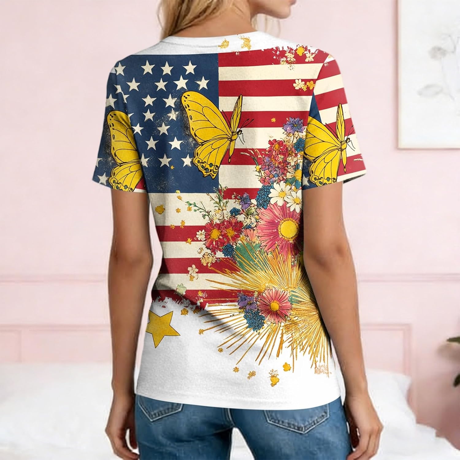 4th of July Outfits for Women Button V Neck American 250 Falg Graphic Henley Shirts Memorial Day Short Sleeve Tshirt Tops