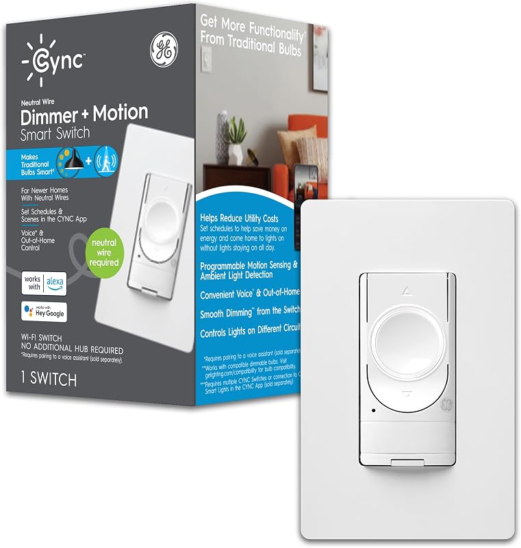 GE CYNC 48733 C By GE Smart Motion-Sensing Dimmer Switch, White | With Occupancy Sensor, WiFi Light Switch, Works with Amazon Alexa and Google Home