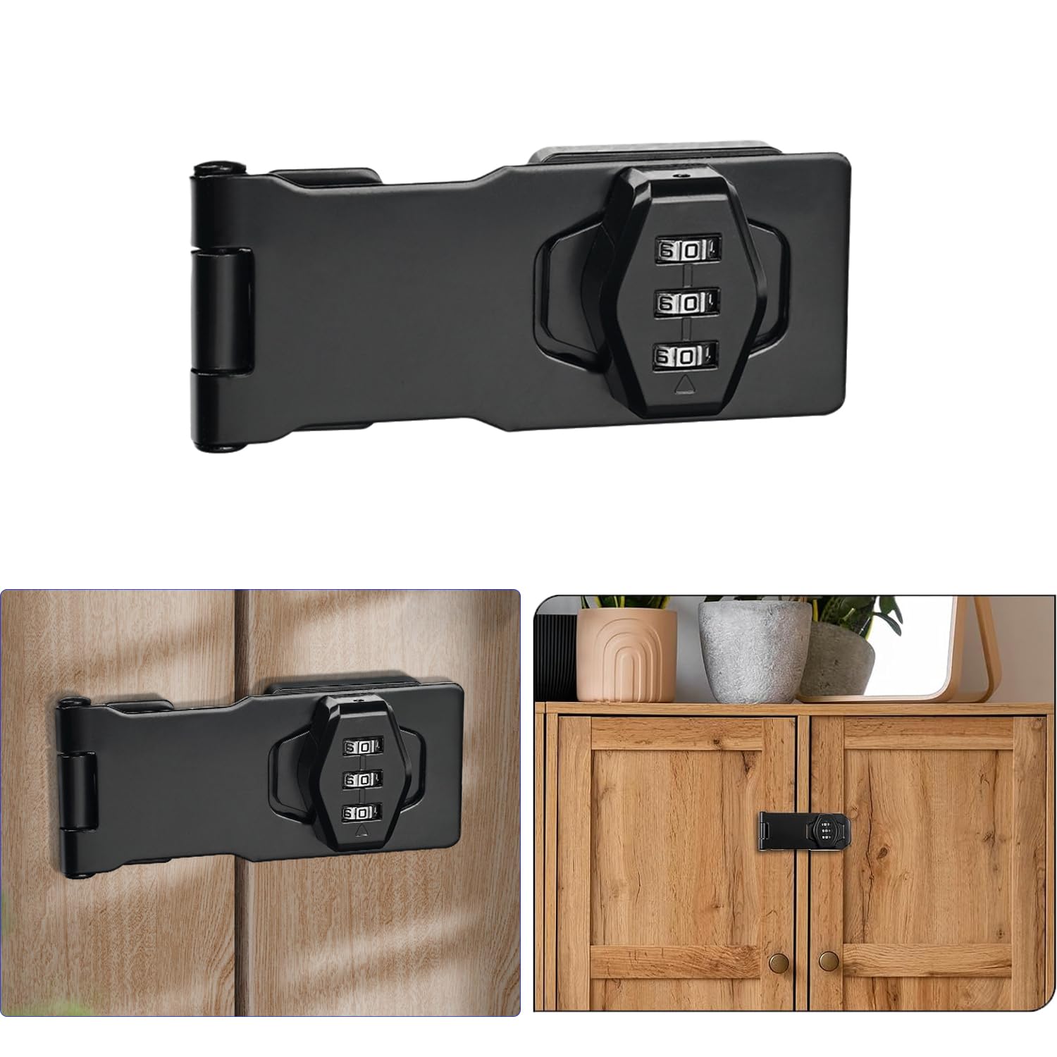 COAFTUG Password Hasp Lock 3 Inch Keyless Hasp and Staple Black Rotary Door Latch Hasp Twist Knob Shed Door Lock with Code Zinc Alloy Combination Locking Hasp Lock for Cupboard Cabinet Gate Wardrobe