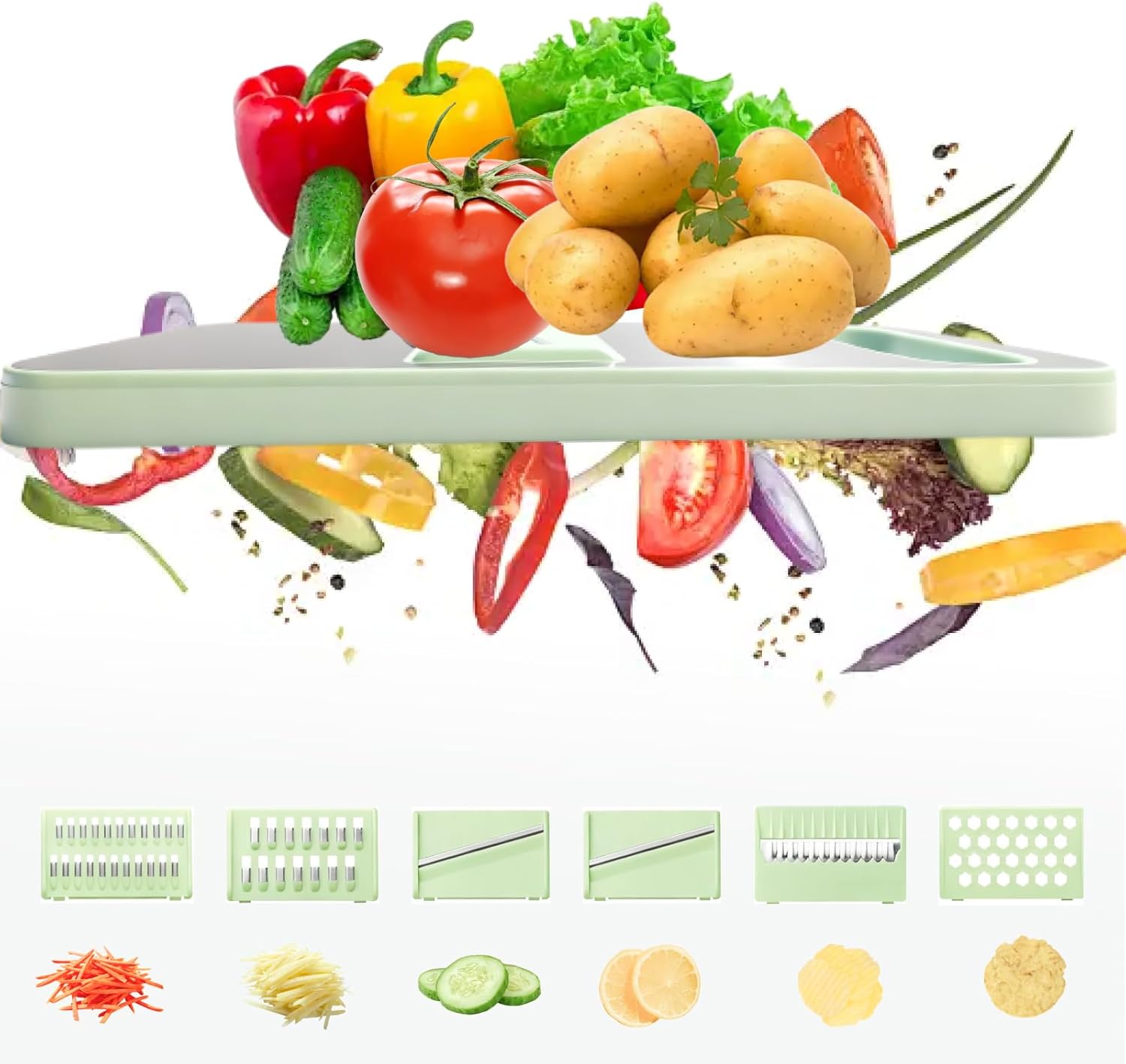 ZKIRON Stainless Steel Mandoline Slicer for Kitchen, 6-in-1 Vegetable Slicer with 360° Full-Cover Safety Guard, Adjustable Food Cutter for Potato, Carrot & Salad Prep, Space-Saving Design (Mint Green)