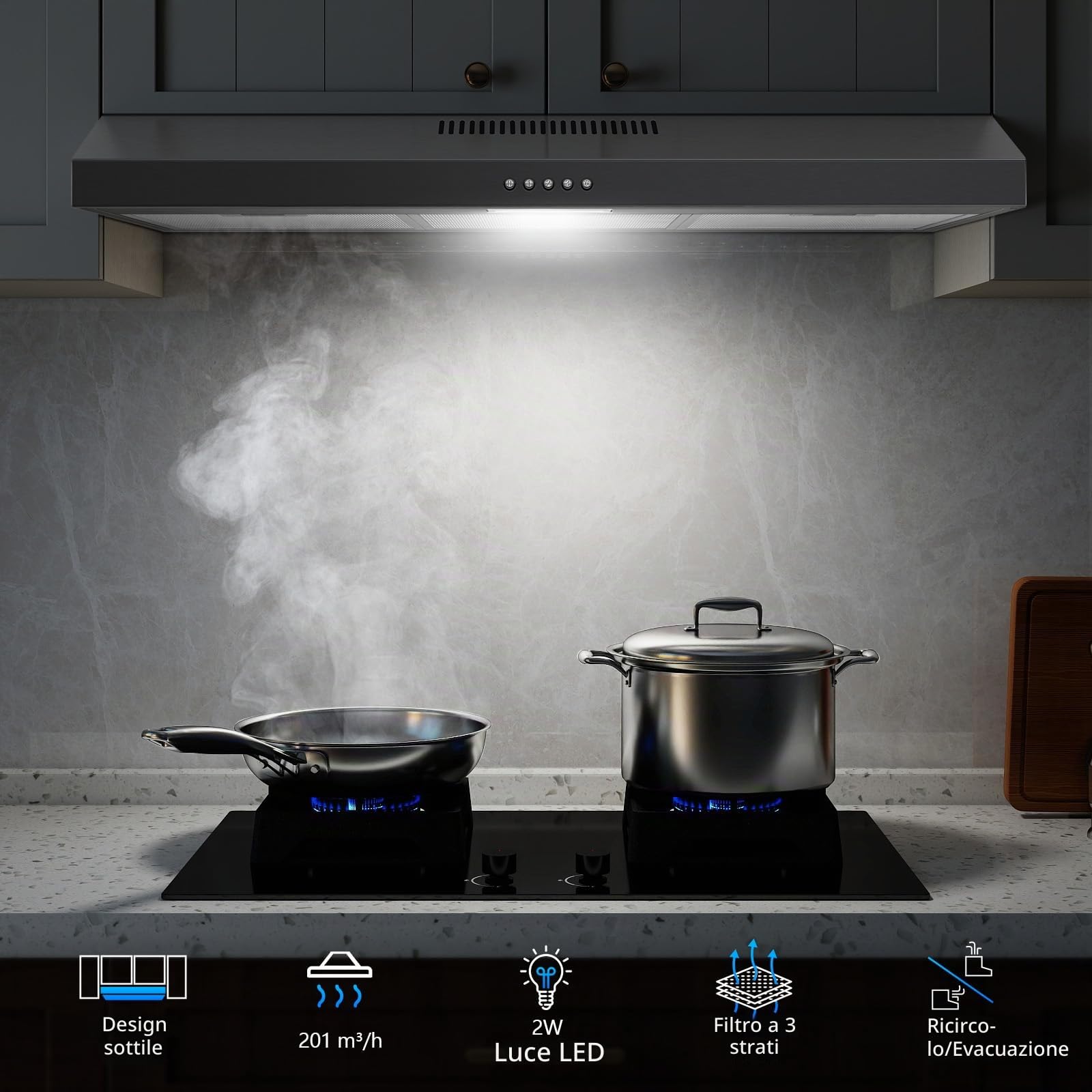 TopStrong Cappa aspirante da 90 cm, con illuminazione a LED, 201 m³/h, con filtro ai carboni attivi CF-D, classe energetica A, 3 livelli, acciaio inox, argento